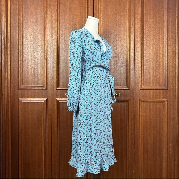 Little Moon Blue Elm Floral Wrap Midi Wrap Women Longsleeves Ruffle Dress Sz XXS - Picture 2 of 16